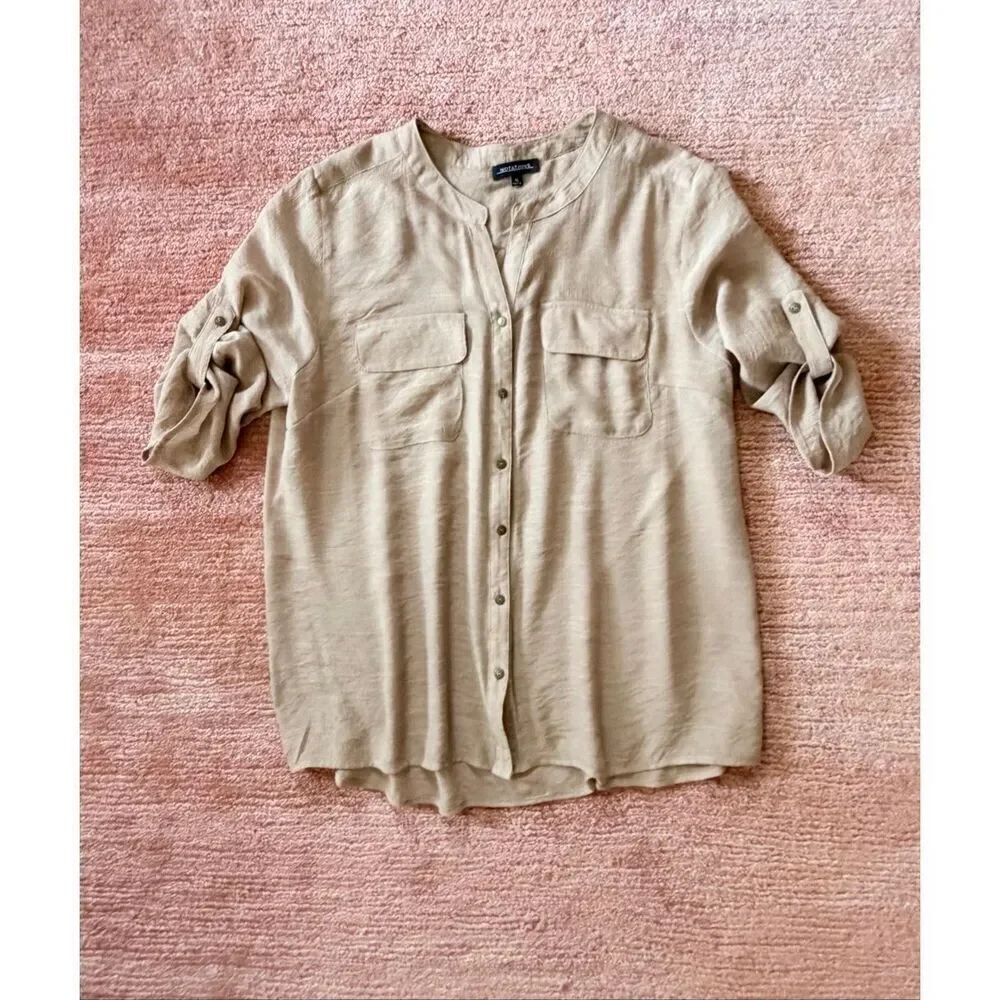 Notations Beige Button Front Utility Blouse XL Roll Tab Sleeves